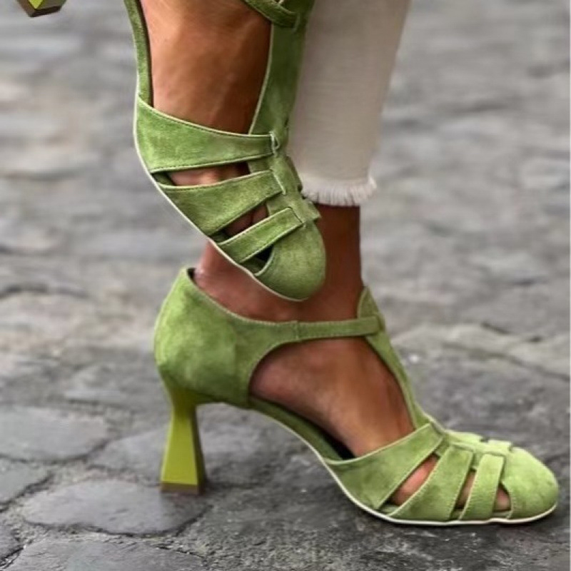 Summer Clothing Items - Women's Green Suede Kitten Heel T-Strap