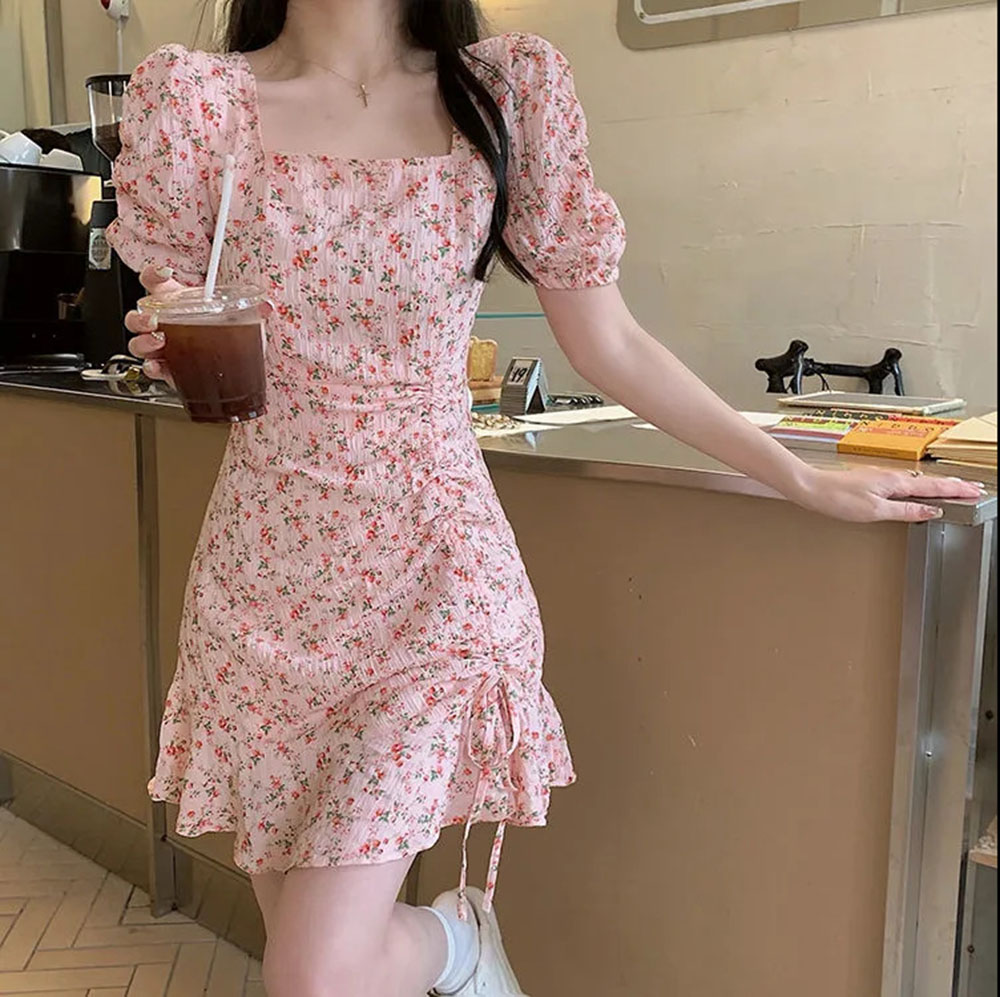 Summer Clothing For 60 Year Old Woman - Summer Floral Drawstring Mini Dress Sweet