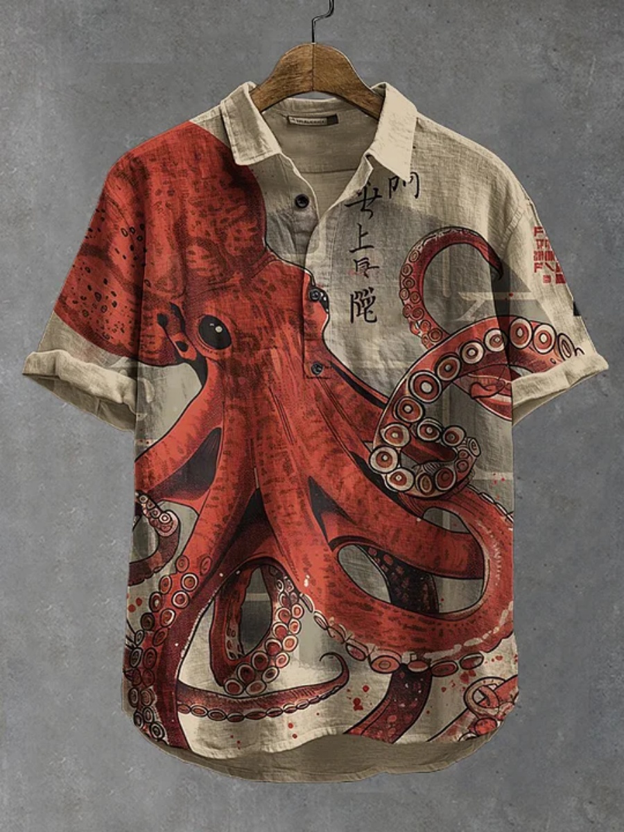 Summer Clothing Men Linen - Men's polo shirt octopus print short-sleeved